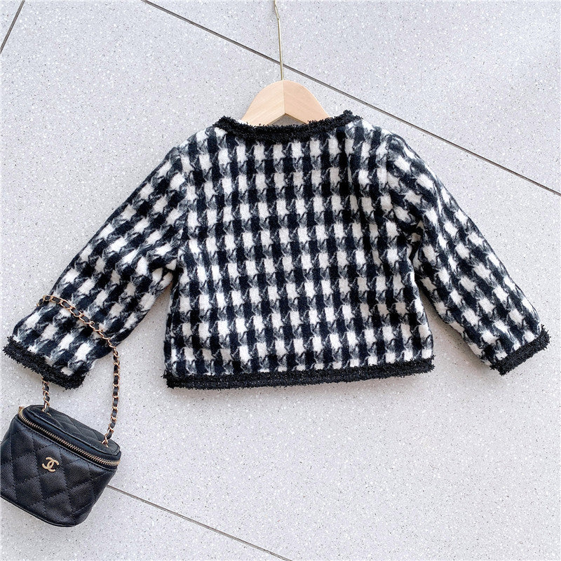 Girls Houndstooth Pattern Single Breasted Cardigan&Skirt Elegant Style Sets-3
