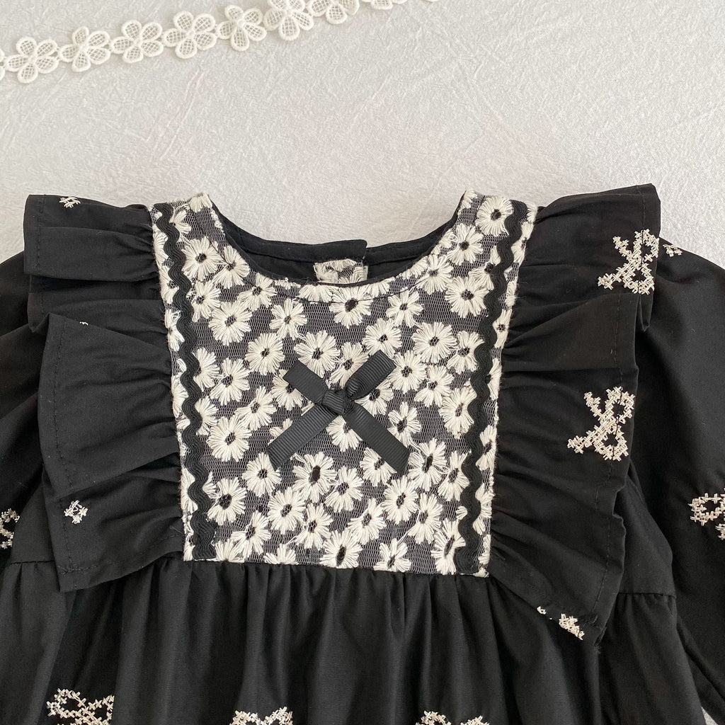 Autumn Arrival Baby Girls Color Patchwork Flowers and Butterfly-bows Pattern Long-sleeved Onesies and Dress – Princess Sister Matching Set-4