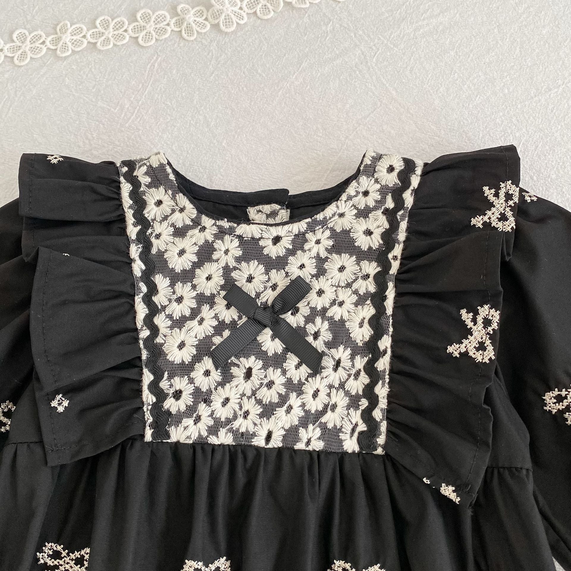 Autumn Arrival Baby Girls Color Patchwork Flowers and Butterfly-bows Pattern Long-sleeved Onesies and Dress – Princess Sister Matching Set-4