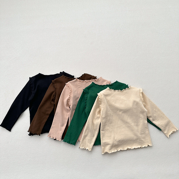 Girls Tops Spring And Autumn Style Children’s Solid Color Long-Sleeved T-Shirts For Girls With Ear-Shaped Inner Bottoming Shirts-3