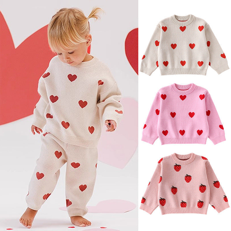 Autumn and Winter Arrival Baby Kids Girls Long Sleeves Hearts Pattern Crew Neck Sweater-0