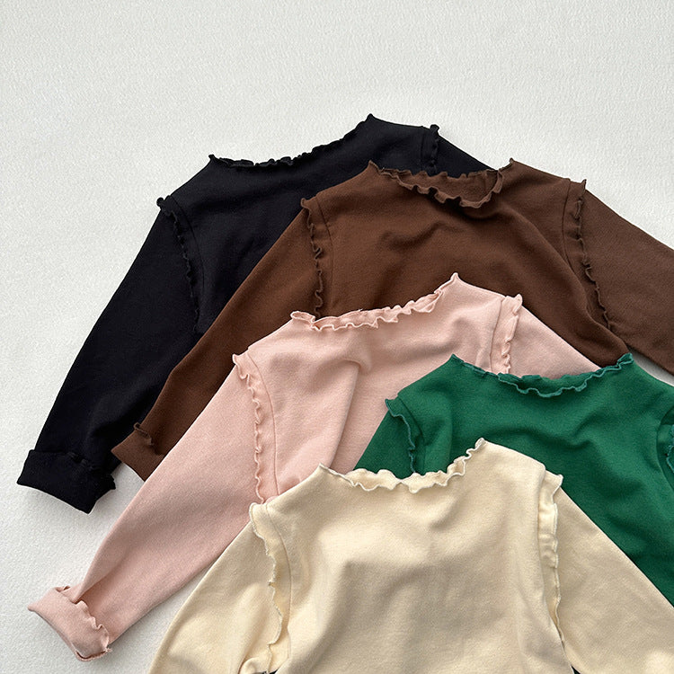 Girls Tops Spring And Autumn Style Children’s Solid Color Long-Sleeved T-Shirts For Girls With Ear-Shaped Inner Bottoming Shirts-4