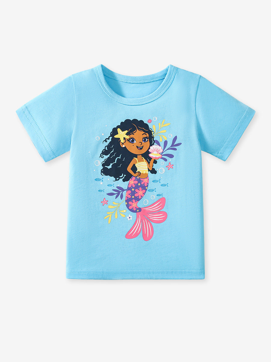 Kids’ Mermaid Cartoon Pattern Short Sleeves T-shirt in European and American Style for Summer-2
