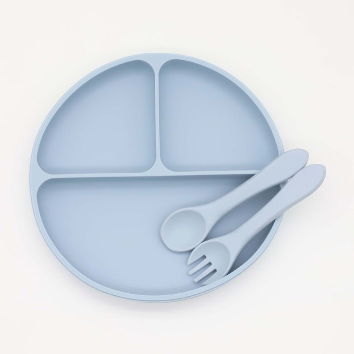 Baby Silicone Round Sucker Compartment Dinner Plate With Spoon Fork Sets-2
