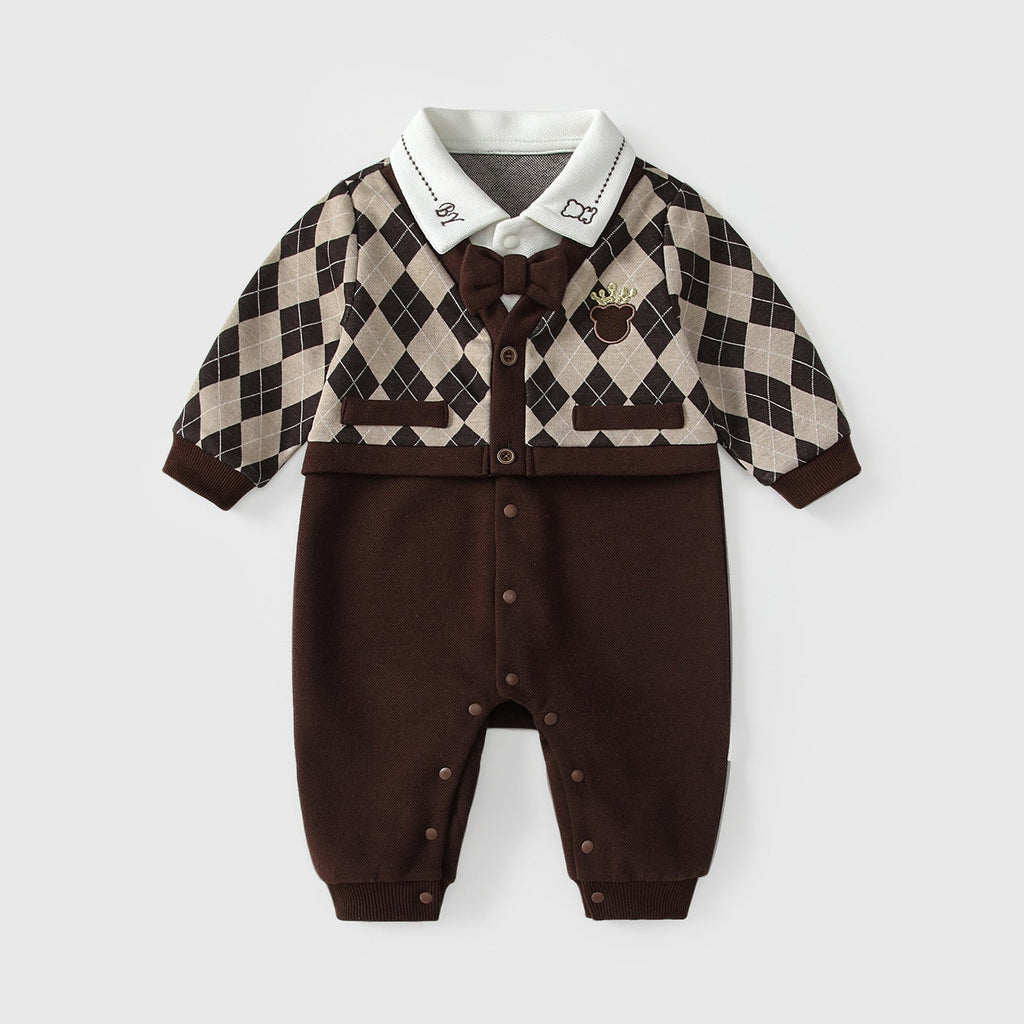 Autumn Hot Selling Baby Boys Color Patchwork Plaid Rompers Bodysuits with Collar