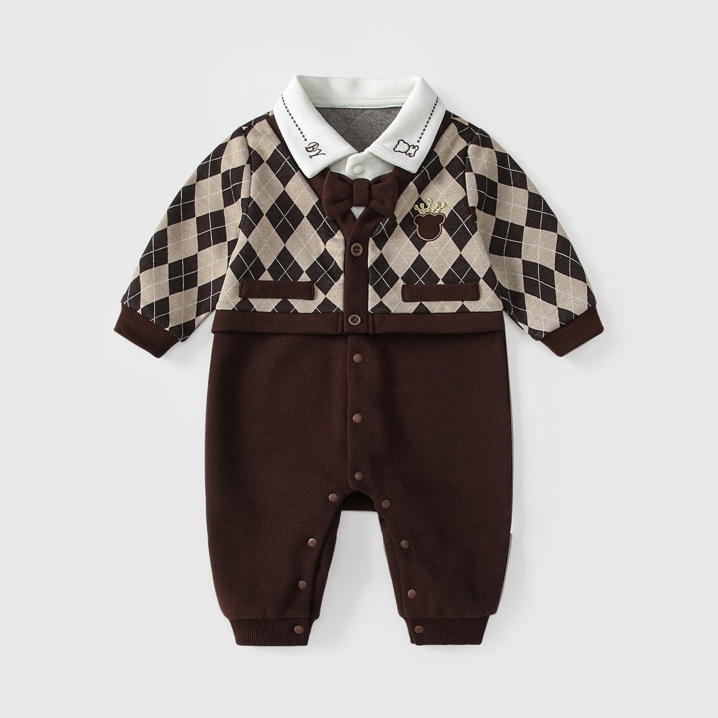 Autumn Hot Selling Baby Boys Color Patchwork Plaid Rompers Bodysuits with Collar