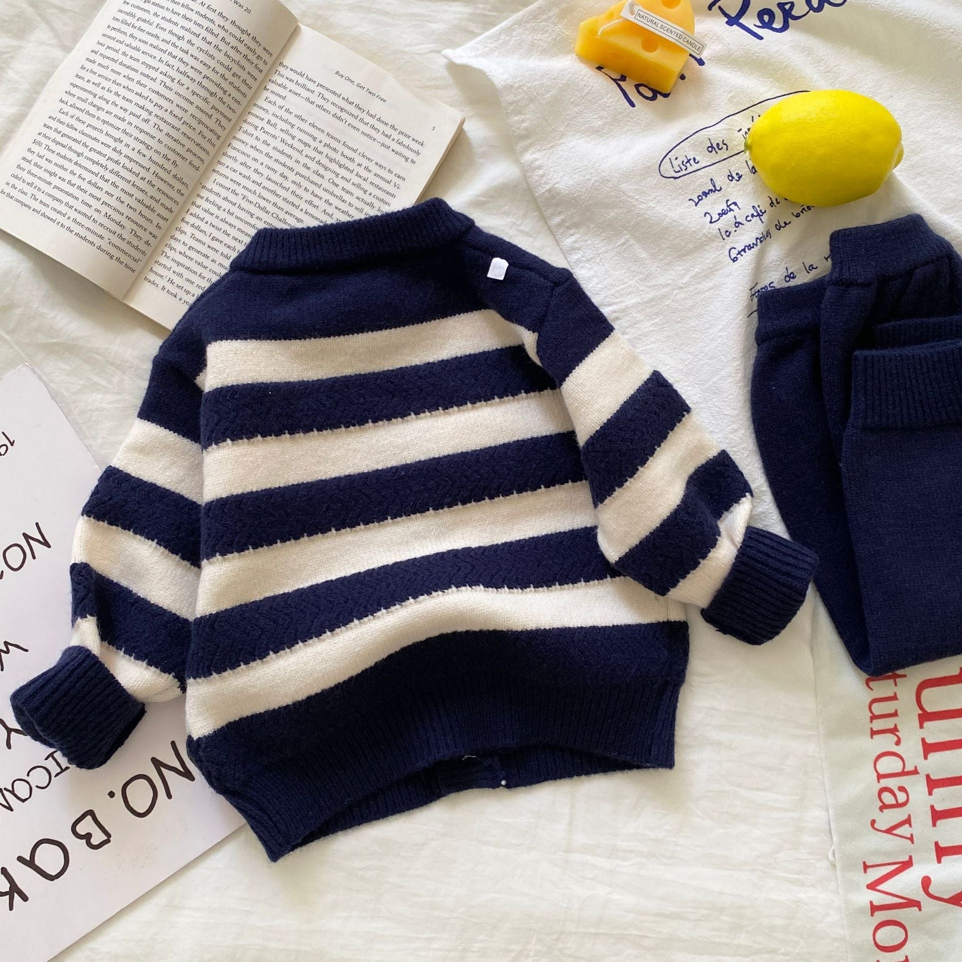 Autumn and Winter Arrival Baby Kids Unisex Long Sleeves Striped Pattern Crew Neck Knitted Cardigan and Pants Clothing Sets-3