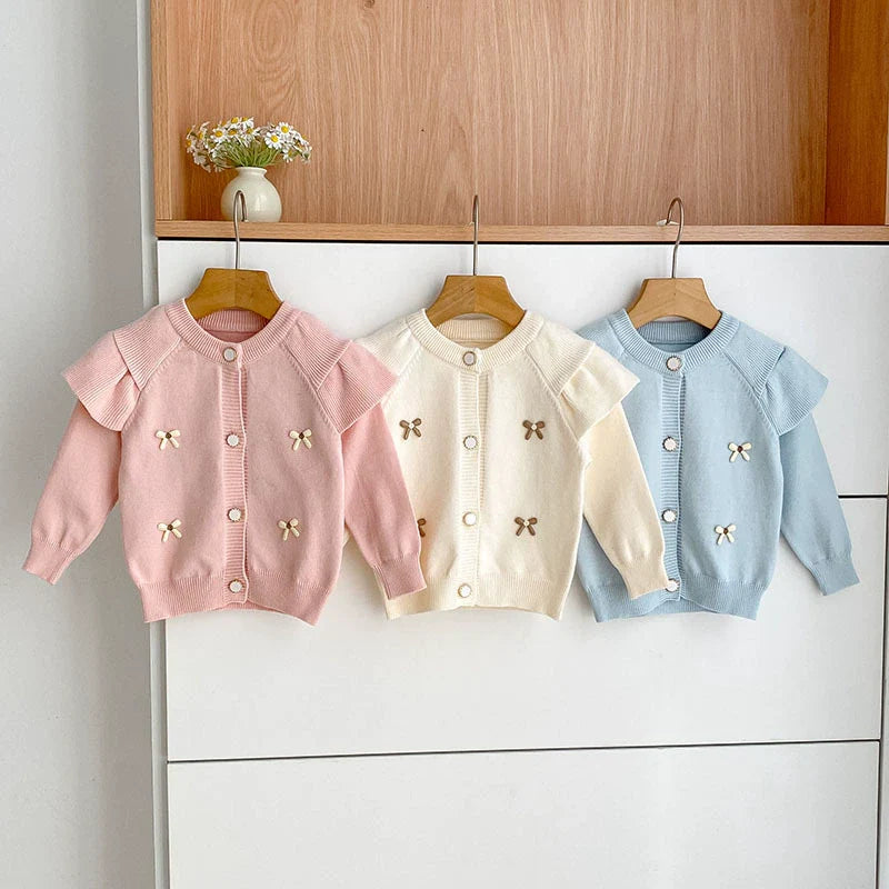 Autumn Arrival Baby Girls Comfortable Butterfly-bow Pattern Knitted Long Sleeves Cardigan-0