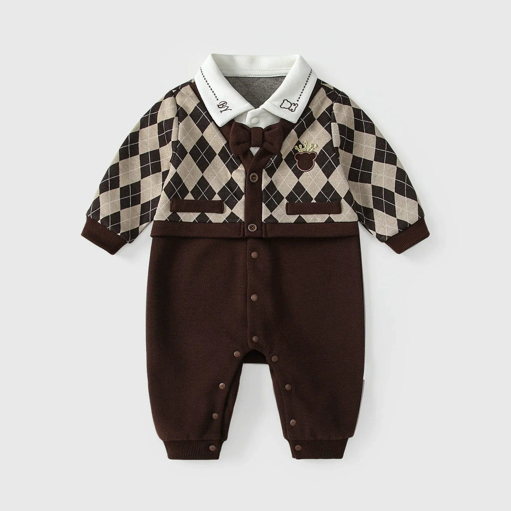 Autumn Hot Selling Baby Boys Color Patchwork Plaid Rompers Bodysuits with Collar