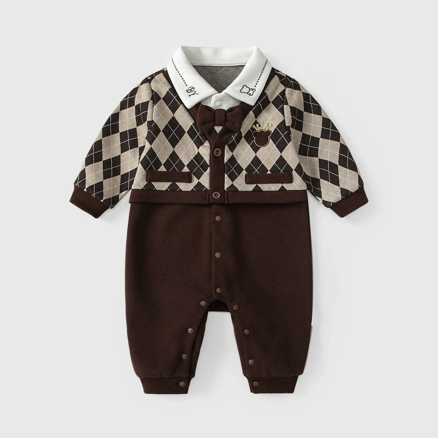 Autumn Hot Selling Baby Boys Color Patchwork Plaid Rompers Bodysuits with Collar