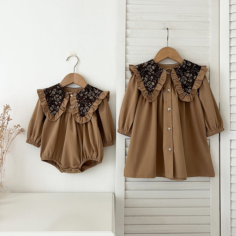 Arrival Autumn Vintage Flowers Pattern Embroidery Collar Baby Kids Girls Onesies and Dress – Princess Sister Matching Set-0