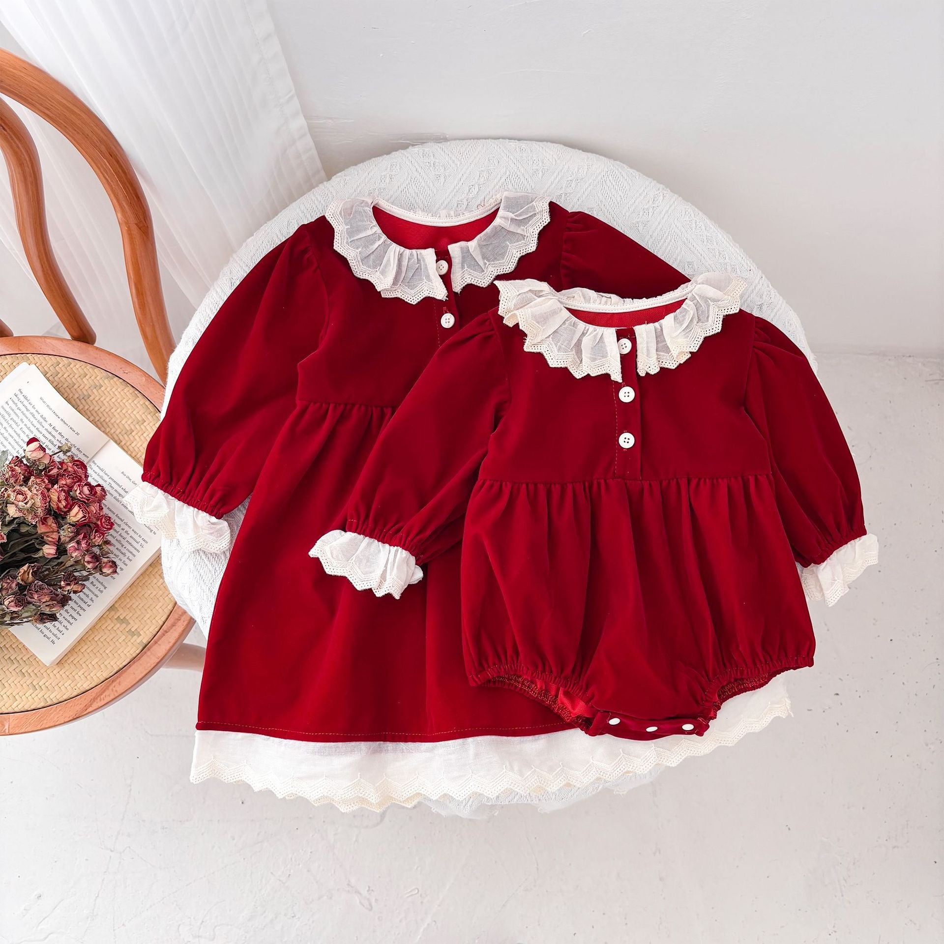 Autumn Arrival Baby Kids Girls Color Patchwork Long-sleeved Onesies and Dress – Princess Sister Matching Set-0